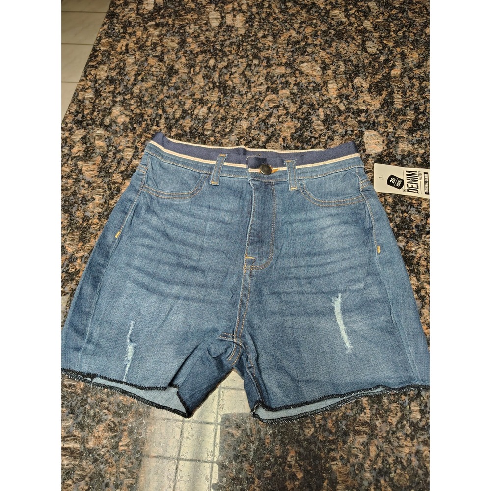 Bershka Denim Factory Blue Distressed High Waisted Shorts Size 26 NWT